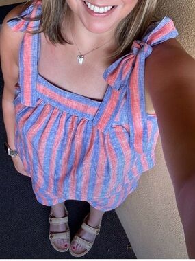 Sleeveless Tie-Shoulder Striped Tank Top  matching set in Coral and Blue